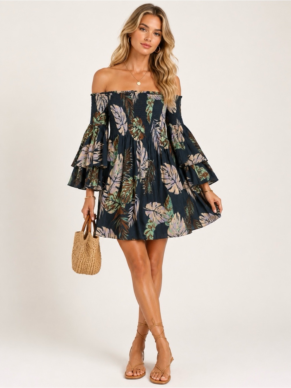Illa Illa Anthropologie Boho Tropical Smocked Mini Dress L Vacation Resort